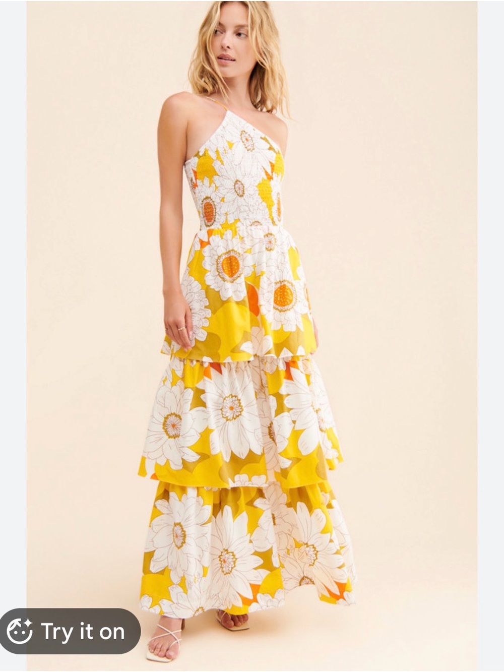 One-Shoulder Yellow Floral Tiered Maxi Dress